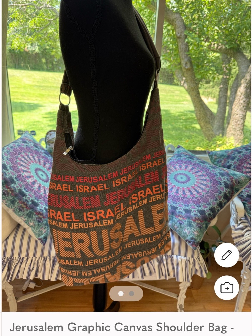 Jerusalem Graphic Canvas Shoulder Bag in Brown & Orange
